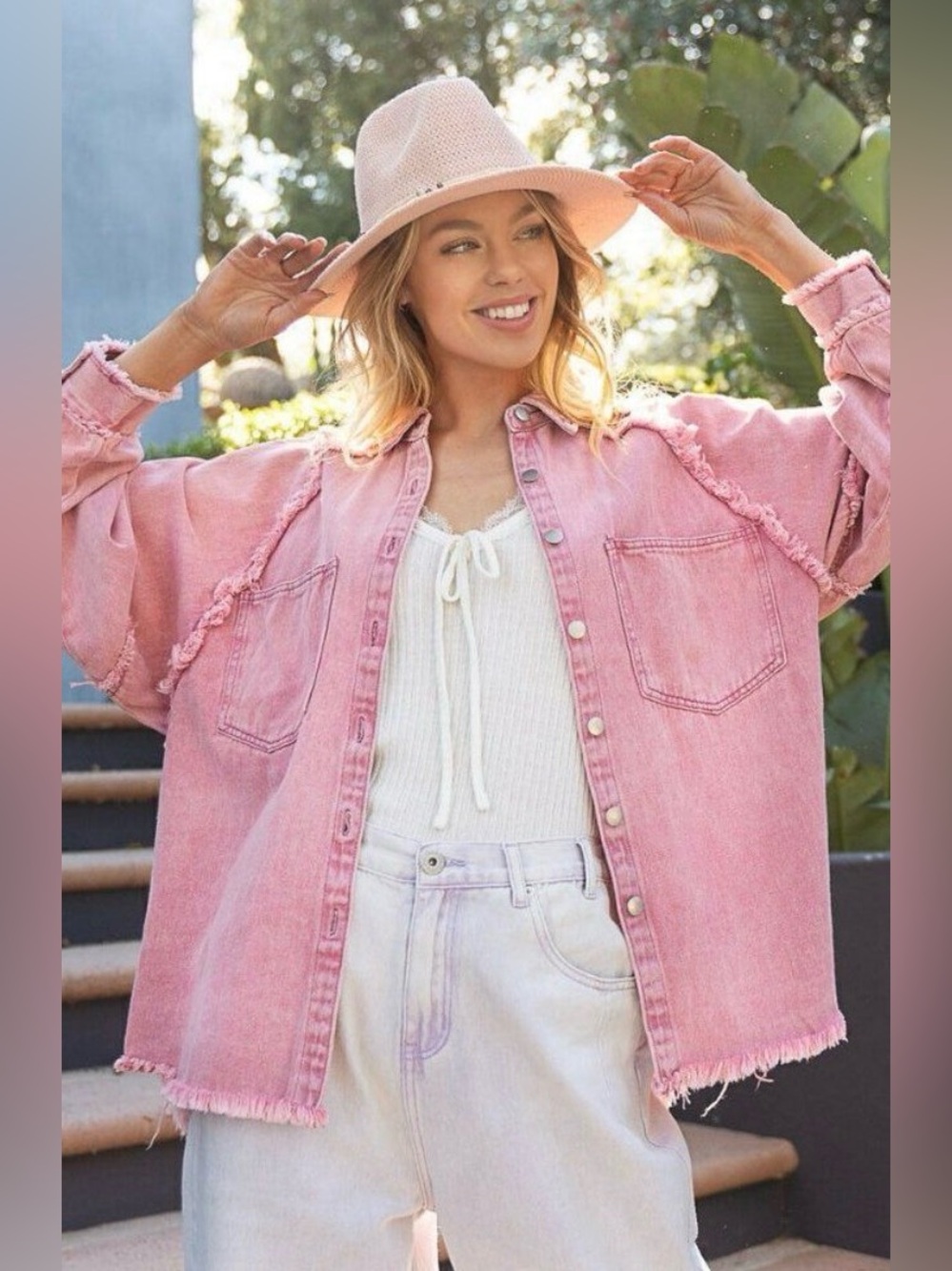 POL Pink Frayed Denim Boyfriend Jacket - Picture 3 of 6